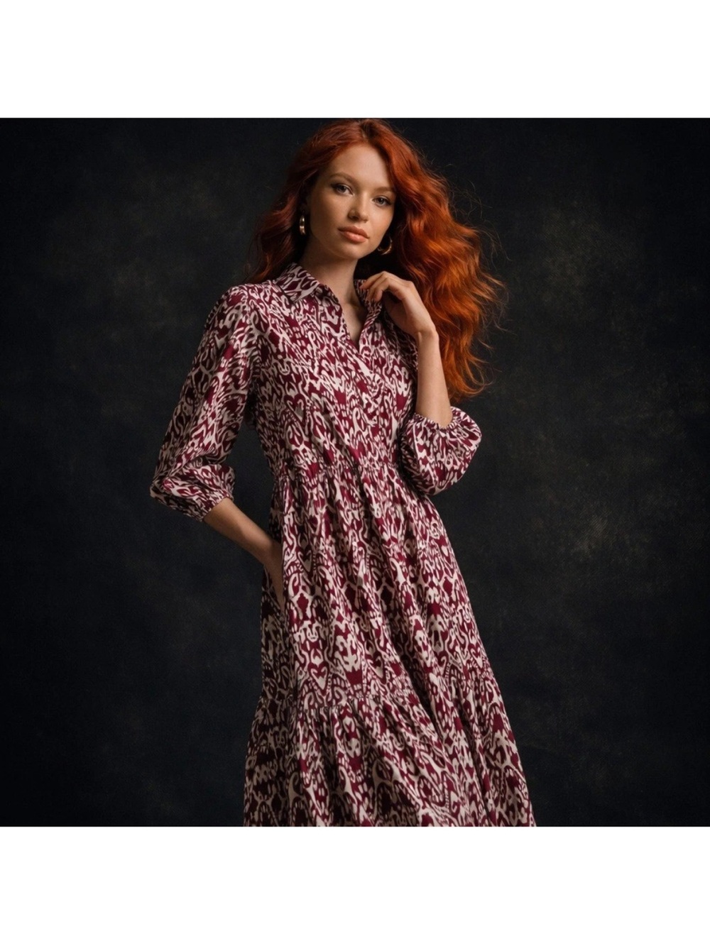 Maeve Bettina Tiered Shirt Dress from Anthropologie in a burgundy ikat print.S. - Picture 3 of 11